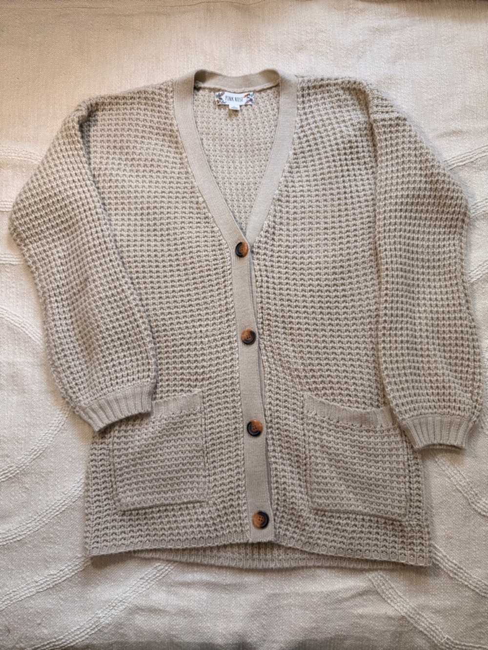 Everyday Large Pink Rose Beige Waffle-Knit Button Cardigan